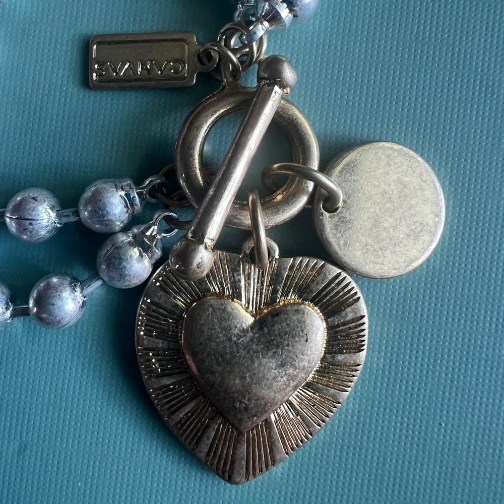 Canvas silver double beaded heart charm bracelet with heart in worn gold - NWT - Picture 2 of 7